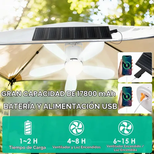 Vista 2 de 21" Solar Ceiling Fan Light, Foldable Solar Panel Gazebo Fan 21" Fan M