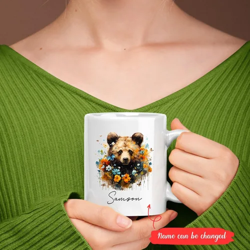 Vista 2 de Taza de café de oso – Regalo personalizado para amantes, taza de té de animales salvajes con flores, regalo de cerámica personalizado para amantes
