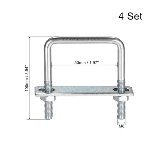 Vista 9 de uxcell Pernos cuadrados en U de 1 "(25 mm) de ancho interior de acero al carbono M8 con tuercas, placa de marco, arandelas redondas, juego de 4