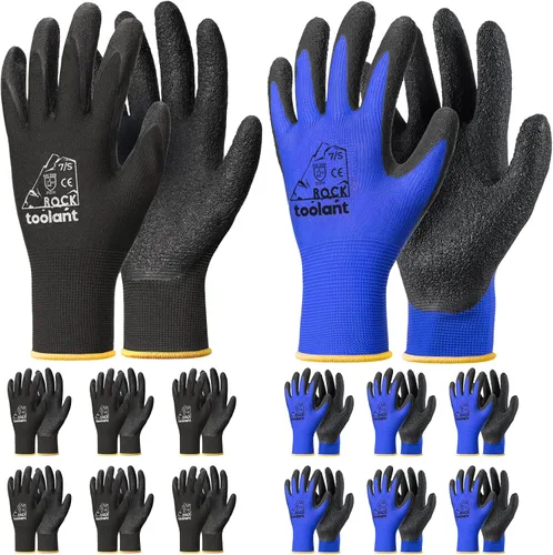 Vista 27 de toolant Guantes de trabajo de látex arrugado a granel, guantes de seguridad con revestimiento de goma para hombres y mujeres, 12 pares para Negro