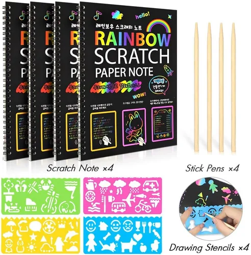 Vista 3 de Paquete de 4 cuadernos de dibujo Scratch Arts para niños, juego de papel de dibujo grande de arco iris para suministros de arte para niños