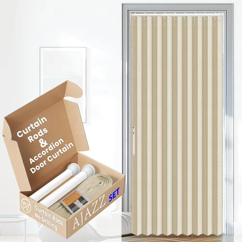 Vista 16 de AJAZZ Conjunto: Barras para cortinas sin perforación (28-39" de ancho) y cortina acordeón para puerta, beige 43" de ancho × 78" de largo, puertas