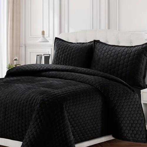 Vista 2 de Tribeca Living Lugano - Juego de edredón de terciopelo de gran tamaño para todas las estaciones, tamaño XL, juego de edredón de 3 piezas tamaño Negro