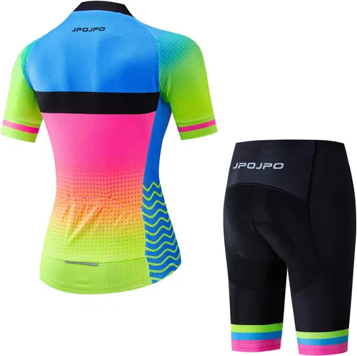 Vista 48 de Camiseta de ciclismo para mujer, manga corta y pantalones cortos de ciclismo acolchados para verano
