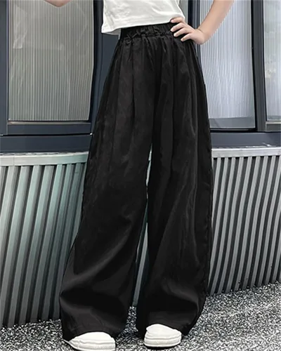 Vista 3 de SANGTREE Pantalones de pierna ancha para niñas y mujeres, ligeros, casuales, elásticos, de cintura alta, pierna recta, pantalones sueltos, 4 años