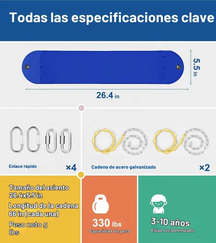 Vista 7 de Asiento de columpio resistente, cadenas de 66" resistentes al óxido con sección recubierta de PPC de 30", accesorios de repuesto para juegos de Azul