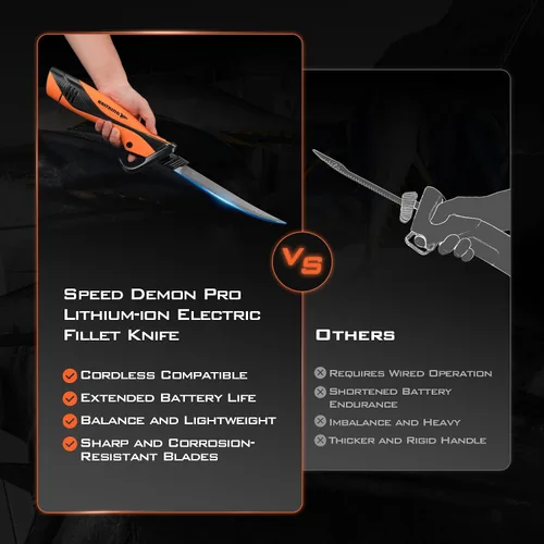 Vista 10 de KastKing Cuchillo de filete eléctrico inalámbrico con cuchillas afiladas de 7 y 9 pulgadas (Speed Demon Pro), recargable, de alta velocidad