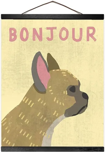 Vista 6 de Bonjour Hanging Poster Canvas Print Ready to Hang Dog Wall Decor 16"x20" Oak Trim