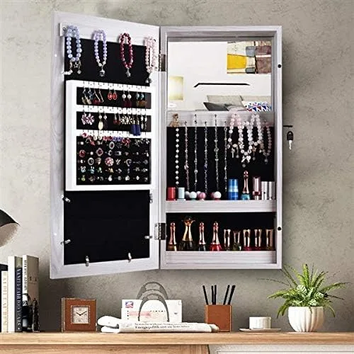 Vista 8 de Armarios de madera para colgar con marco de fotos, armario de joyería con cerradura con espejo interior, caja organizadora de joyas para ahorrar