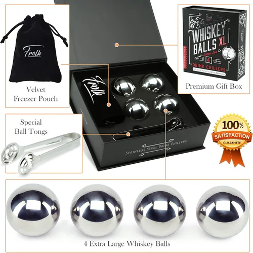 Vista 2 de Regalos para él – Hombres Papá Marido – 4 bolas de hielo de whisky de acero inoxidable XL, pinzas especiales y bolsa de congelador en caja de regalo