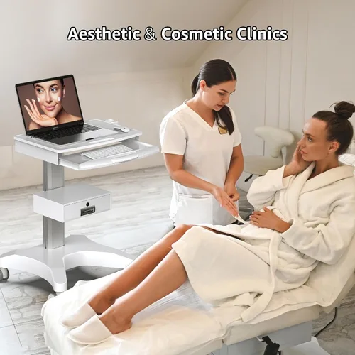 Vista 10 de Carrito médico con bandeja para laptop y soporte para escáner oral, estación de trabajo móvil sobre ruedas con cajón para hospitales, clínicas