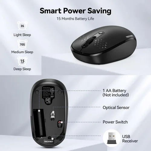 Vista 6 de Tecknet Mouse inalámbrico, mouse silencioso de 2.4 GHz con receptor USB, 4 botones, portátil, inalámbrico, para Chromebook, laptop, computadora