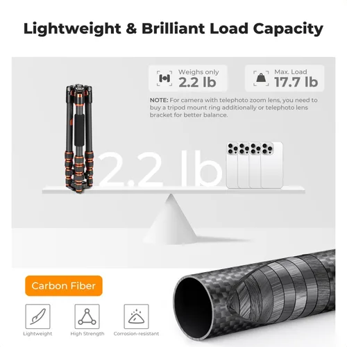 Vista 3 de K&F Concept Trípode de cámara de fibra de carbono de 60 pulgadas, monopie