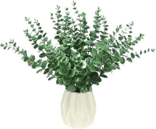 Vista 5 de 30 tallos de hojas de eucalipto artificiales, ramas de plástico falsas para decoración del hogar, ramo de boda, centros de mesa, centros de mesa