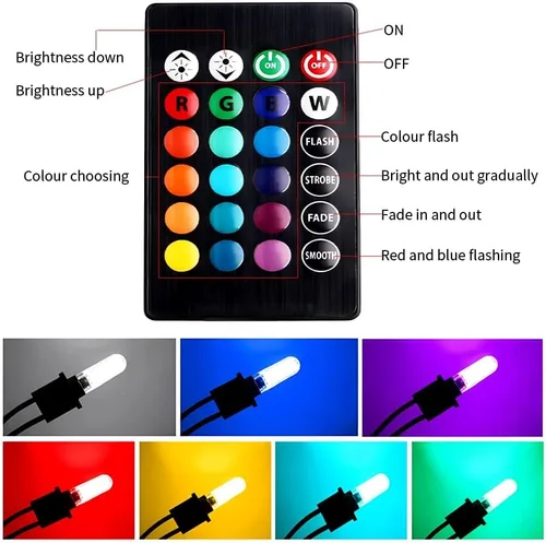 Vista 5 de Bombilla LED T10 RGB para Automóvil Luz de Ancho con Control Remoto W5W 194 168 2825 Luz Estroboscópica 16 Colores 5050 Cuña de Repuesto para Mapa