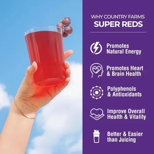 Vista 4 de Country Farms Super Reds, superalimento energizante de polifenoles, 40 frutas y bayas super, poderosos antioxidantes y polifenoles, apoya la energía