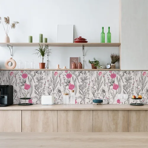 Vista 6 de VEELIKE Papel tapiz de dibujo floral gris para despegar y pegar, papel tapiz de flores rosas de 17.7 x 118 pulgadas, papel de pared botánico vintage