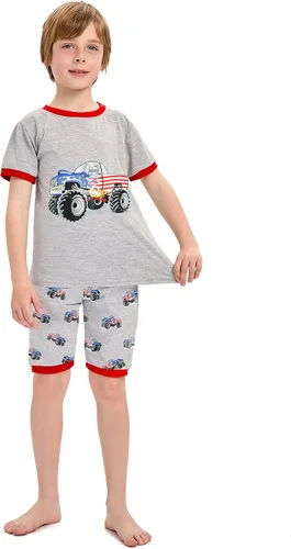 Vista 3 de Little Hand Conjunto de pijama para niño, pijamas cortas para niños pequeños, ropa de dormir de algodón con diseño de camión monstruo, ropa