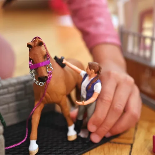 Vista 3 de Schleich Horse Club - Juego de Juguetes de Establo de Lavado de Caballos de 28 Piezas con Figura de Acción de Yegua y Jinete y Accesorios para Niñas