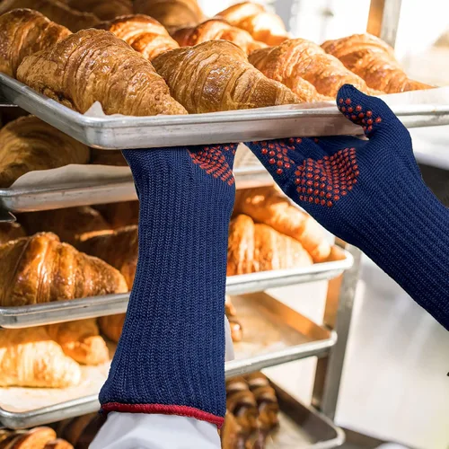 Vista 6 de MIG4U Guantes de parrilla para barbacoa, guantes de horno de 500 grados, resistentes al calor, con puntos de silicona antideslizantes de grado Azul