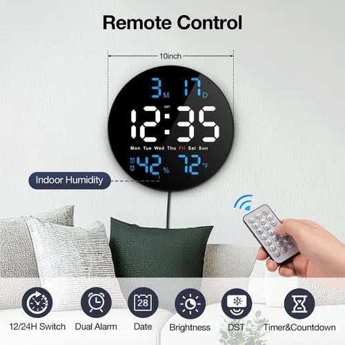Vista 3 de Reloj digital grande para aula, relojes digitales para profesores, reloj LED redondo de 10 pulgadas con pantalla grande, fecha, temporizador de Azul