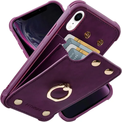 Vista 54 de Funda tipo cartera compatible con iPhone XR/10R con tarjetero de crédito, funda protectora de cuero a prueba de golpes compatible con anillo