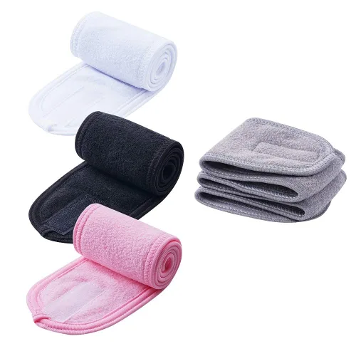 Vista 9 de Diademas faciales de spa, 4 piezas, maquillaje, ducha, baño, diadema deportiva, toalla elástica de tela de rizo con cinta mágica (negro)