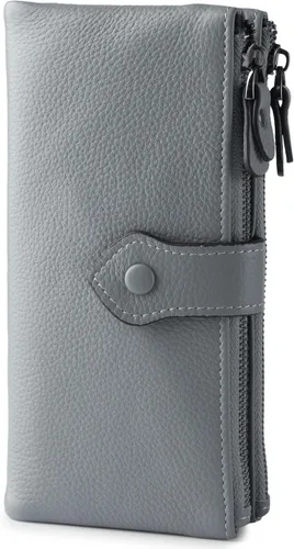 Vista 9 de Bveyzi - Cartera de cuero suave para mujer con bloqueo RFID, billetera plegable con doble cierre, porta-tarjetas para damas Negro