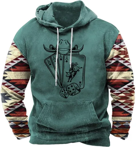 Vista 4 de HOTYD Western Cowboy Hooded Sweatshirt Vintage Aztec Pullover Men Casual Long Sleeve Drawstring Hoodies with Pocket