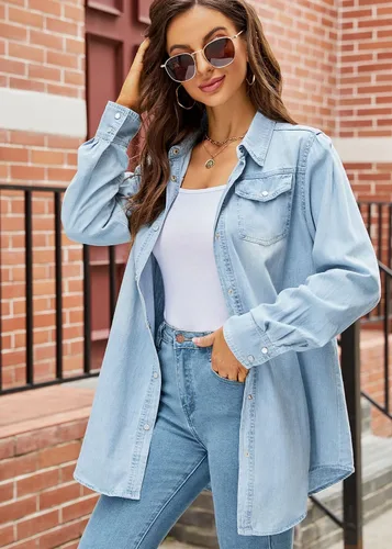Vista 3 de Kedera Blusa clásica de manga largaenrollable para mujer, con botones y botones