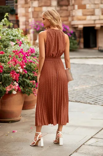 Vista 5 de PRETTYGARDEN Vestidos de verano para mujer, estilo casual, cuello en V, lunares suizos, volantes, sin mangas, acampanado, para la playa