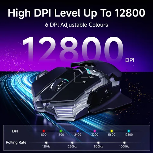 Vista 4 de EWEADN G5 - Mouse inalámbrico para juegos, 12800 DPI RGB ajustable con 6 modos retroiluminados, llave de fuego rápido, 9 botones macro programables