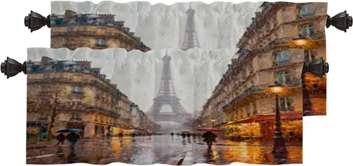 Vista 123 de Cortinas opacas de cocina con pintura al óleo de Europa rosa y negra para ventanas, cenefas opacas modernas de torre Eiffel de poliéster multicapa
