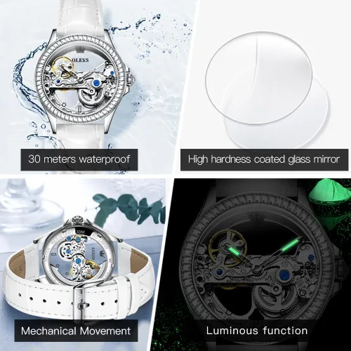 Vista 5 de OLEVS Reloj de mujer con diseño de esqueleto, mecánico automático, plateado, de lujo, impermeable, luminoso, conjunto de regalo