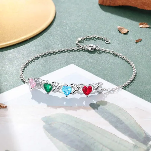 Vista 3 de Ashleymade Pulsera personalizada de eslabones de corazón para mujer, pulseras personalizadas de 2 a 7 nombres con piedras de nacimiento simuladas