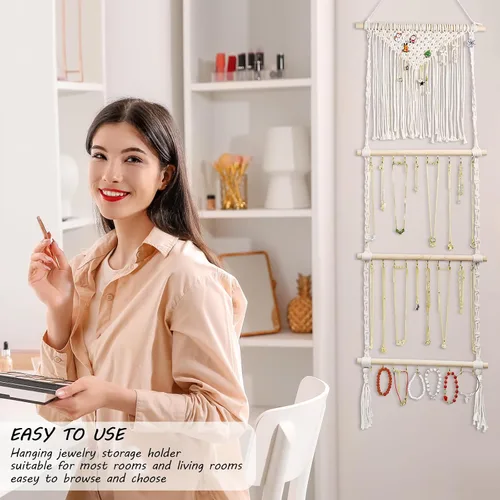 Vista 6 de Teniinet Organizador colgante de joyas, colgador de collar de macramé bohemio montado en la pared con 30 ganchos, soporte de joyería colgante