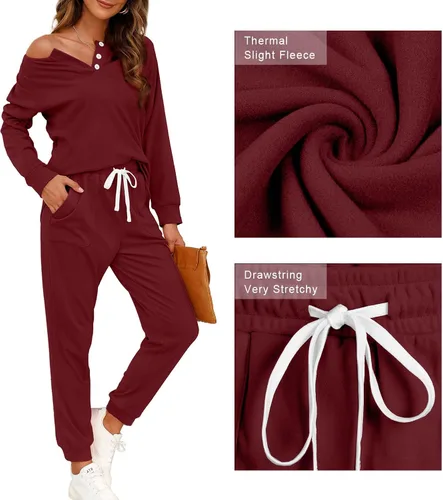Vista 43 de Wiholl - Conjuntos de dos piezas para mujer: ropa cómoda con sudadera abotonada y pantalones deportivos con bolsillos