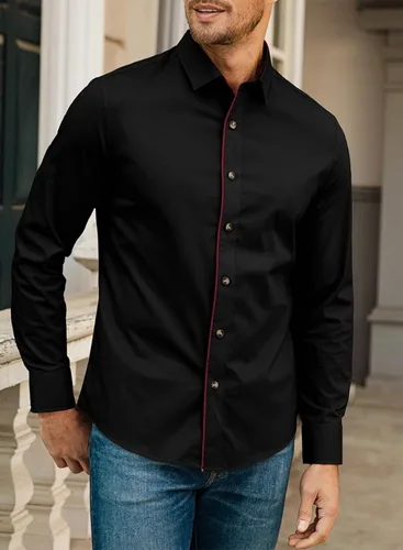 Vista 4 de JMIERR Camisa de vestir casual para hombre, camisas de manga larga con botones, camisas ajustadas de algodón