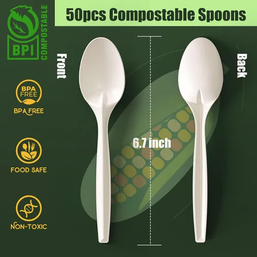 Vista 2 de Gezond - Cucharas compostables, paquete de 50 cucharas desechables de 6.7 pulgadas, resistentes Utensilios grandes biodegradables ecológicos