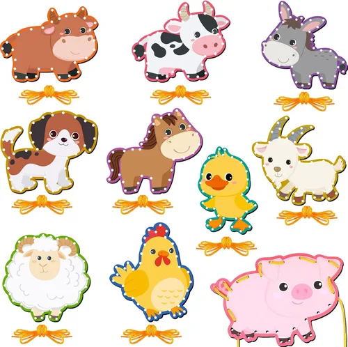Vista 10 de Pajean Juego de 10 tarjetas con cordones para niños, tarjetas de costura de animales de doble cara, 10 estilos, manualidades de juguete para niños a