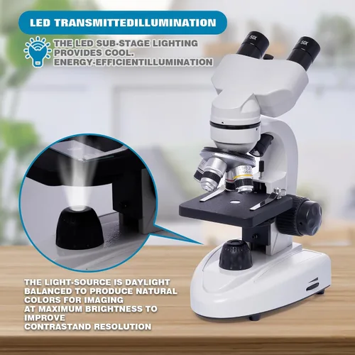 Vista 5 de SELFIE CAT Microscopio de laboratorio para la escuela, microscopio compuesto binocular 200X-5000X Ampliación para adultos, kit de microscopios