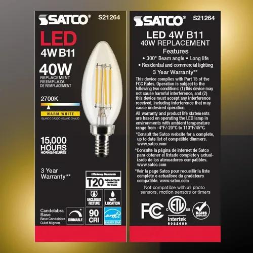 Vista 2 de Satco Lámpara LED, S21264 4B11/LED/927/CL/120V/E12, bombilla B11 de 4 W, transparente; base de candelabro; 90 CRI; 2700 K; 120 voltios