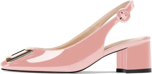 Vista 2 de WAYDERNS Zapatos de tacón bajo grueso de 2 pulgadas con hebilla rectangular de metal dorado para mujer, Oro