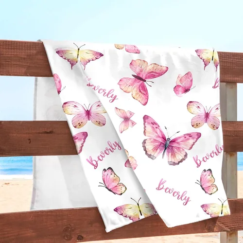 Vista 4 de Toalla de playa personalizada con nombre personalizado, secado rápido, niños adultos A-mariposas