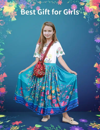 Vista 3 de Ainvliya Encanto Dress for Girls, Mirabel Isabella Encanto Costume, Christmas Cosplay Princess Dress Up With Bags Earrings