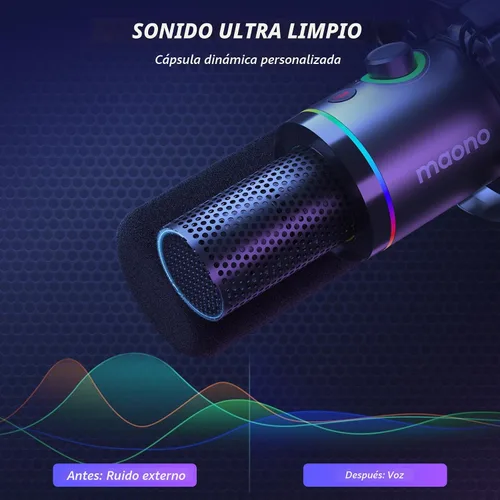 Vista 7 de MAONO Kit de micrófono dinámico XLR/USB, micrófono podcast RGB con software, silencio, perilla de ganancia, control de volumen, brazo de brazo