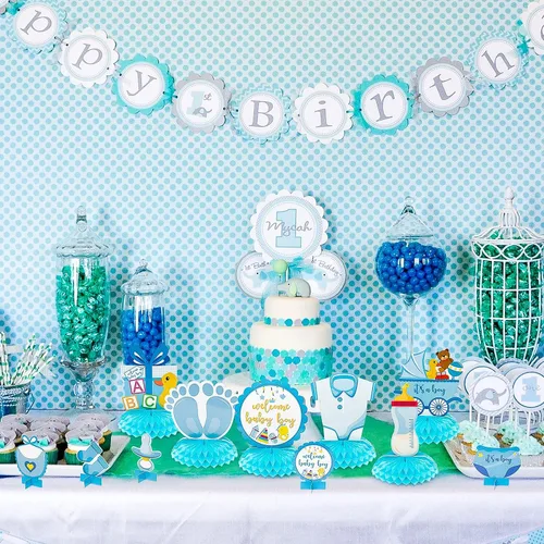 Vista 5 de Centros de mesa de fiesta de baby shower azul para niños, 12 piezas de decoración de panal de baby shower, decoración de bienvenida para niños