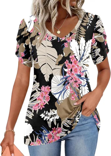 Vista 27 de CATHY 2025 - Blusas de verano para mujer, con mangas cortas, cuello en V, estilo túnica, tallas S-4XL Talla B