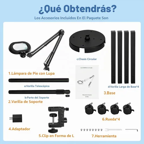Vista 12 de Lupa de piso con luz, base estable de 4 ruedas, 12X Negro