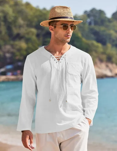 Vista 3 de COOFANDY Camisas de lino y algodón para hombre, con cordones, estilo hippie, estilo casual, para la playa, cuello en V